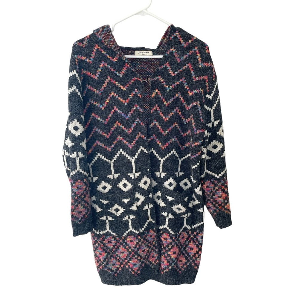 Miss Charm Paris Long Open Front Hooded Cardigan Mixed Pattern